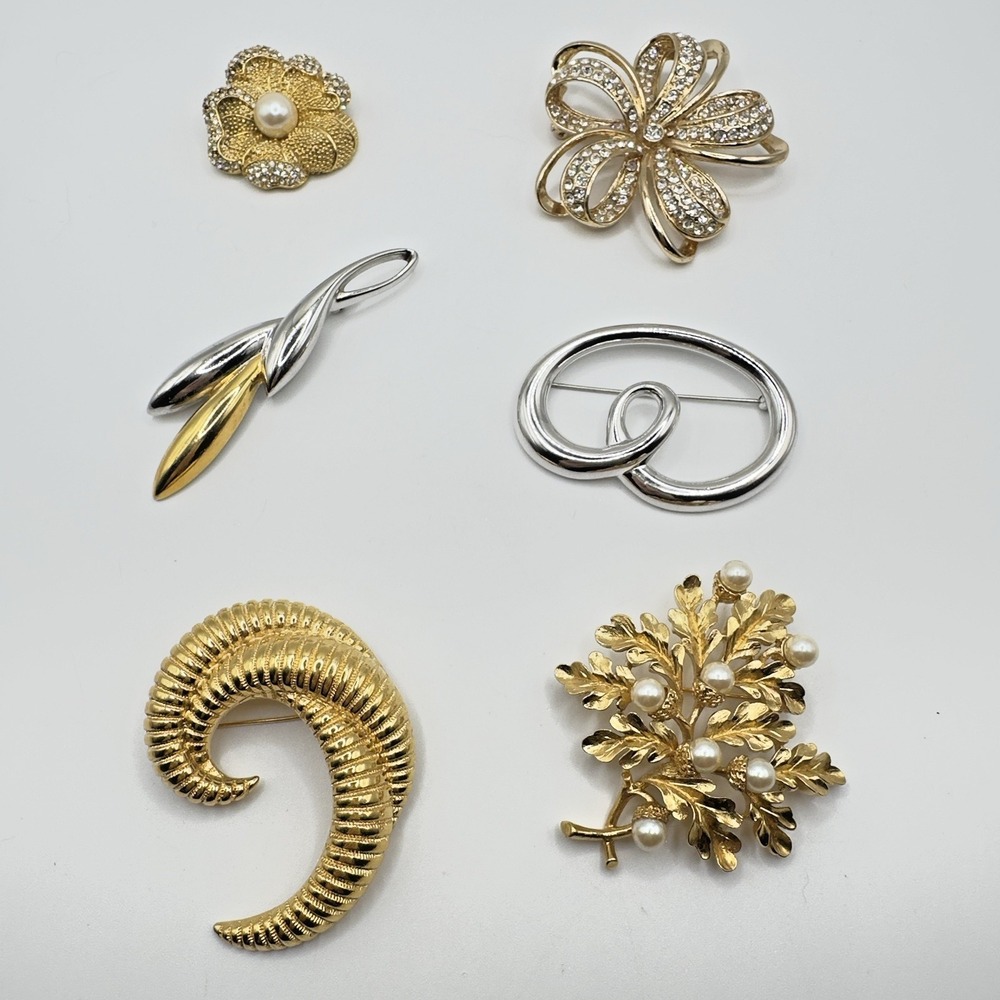 Vintage Monet Brooch Lot of 6 Gold & Silver Tone Rhinestone Modernist‎ Signed